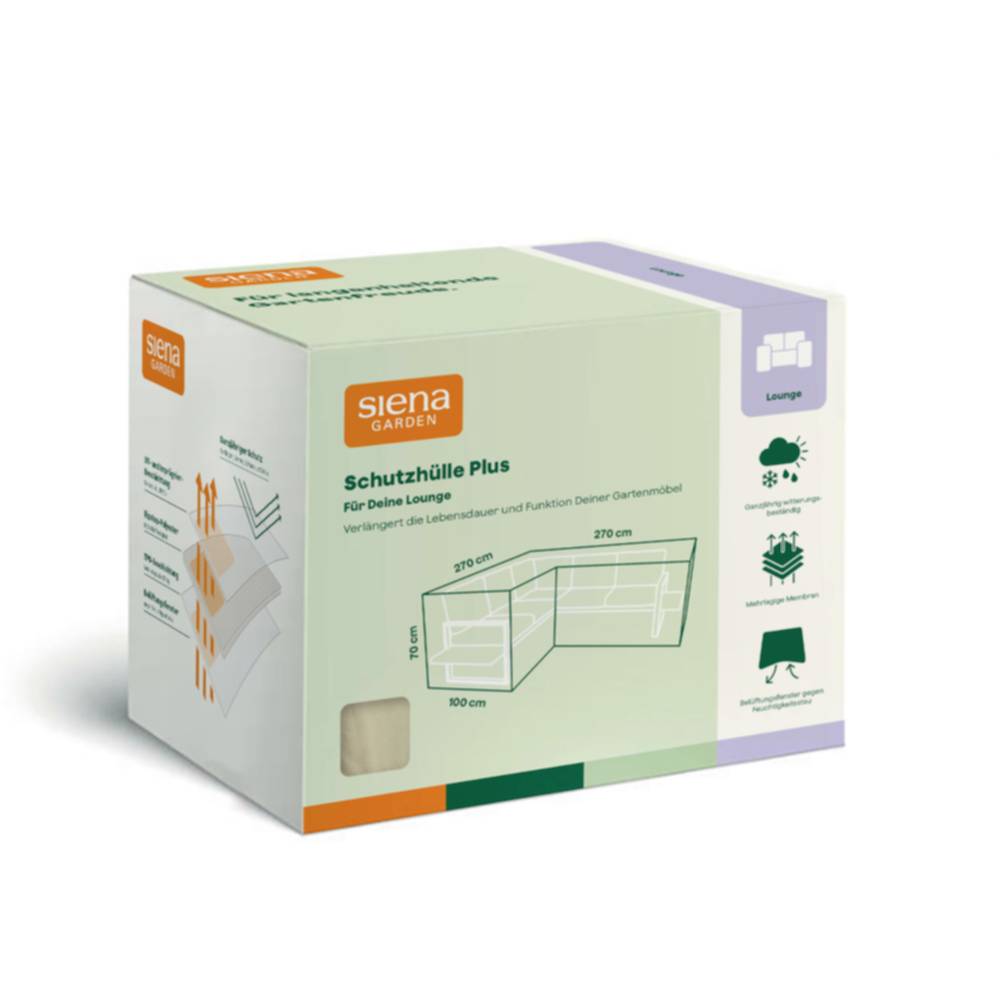 Karton der Siena Garden 'Schutzhülle Plus' Gartenmöbel-Abdeckung für L-förmiges Lounge-Set, mit angegebenen Abmessungen.