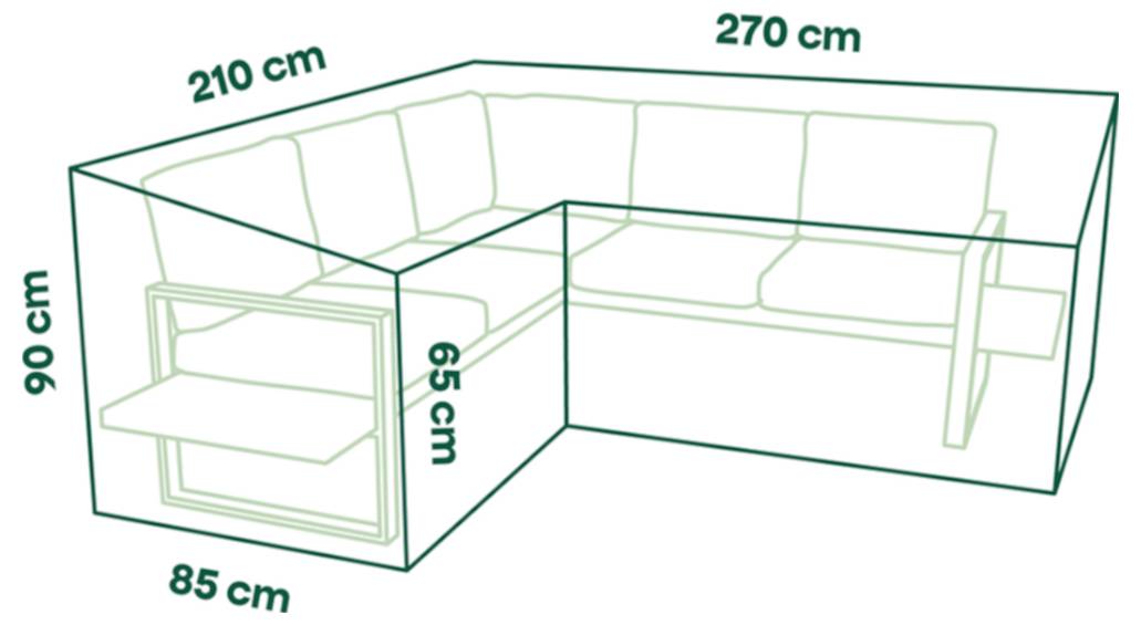 L-förmiges Ecksofa-Diagramm mit gekennzeichneten Abmessungen von 270 cm, 210 cm, 90 cm, 85 cm und 65 cm.