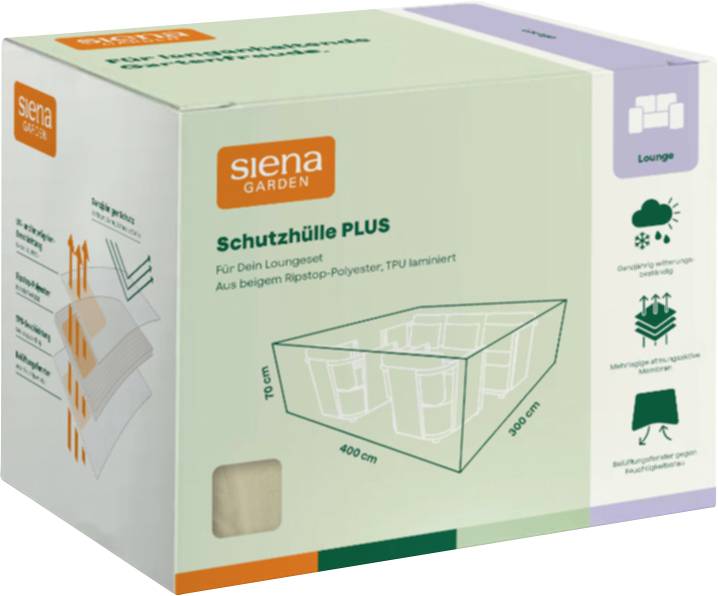 Produktbox für 'siena GARDEN Schutzhuelle PLUS' Lounge-Abdeckung, zeigt Abdeckungsmaße von 400 cm mal 300 cm und Funktionssymbole auf der Seite.