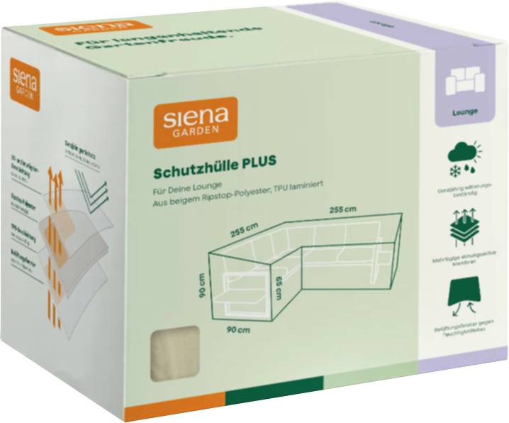 Produktbox für Siena Garden 'Schutzhülle PLUS' Lounge-Abdeckung mit Abmessungen 255 x 255 x 90 cm und Symbolen für Wetterschutz.