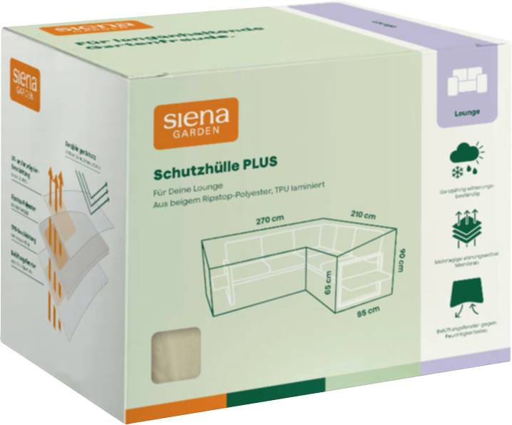Schachtel der Siena Garden 'Schutzhülle PLUS' Loungemöbelhülle mit Abmessungen und Wetterschutzfunktionen auf der Verpackung.