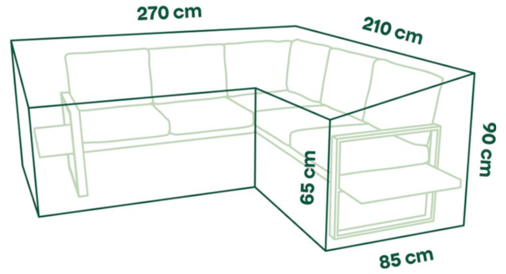 L-förmiges Sofa Sektional Dimensionsdiagramm mit 270 cm und 210 cm Länge, 90 cm Höhe, 65 cm Sitzhöhe und 85 cm Tiefe.