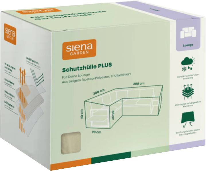 Verpackungskarton für Siena Garden 'Schutzhülle PLUS' Lounge-Möbelüberzug, gezeigt mit 300 cm Abmessungen und Schutzfeature-Icons.
