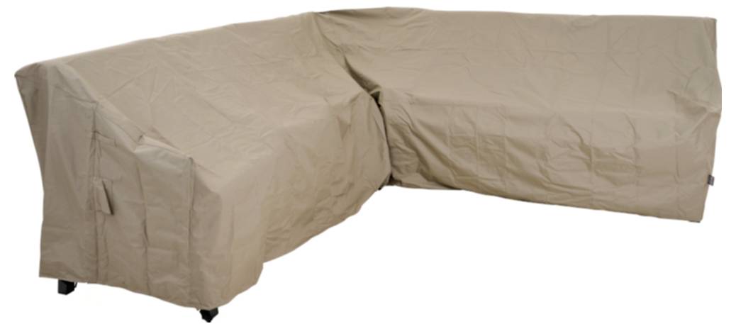 Beige L-förmiges Ecksofa mit einem anliegenden Schutzmöbelbezug, dargestellt vor weißem Hintergrund.