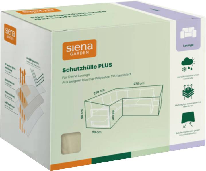 Karton für 'siena GARDEN' Schutzhülle PLUS Loungeabdeckung, zeigt Produktabmessungen und Wetterschschutz-Symbole.