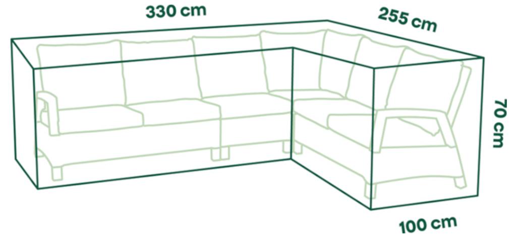 L-förmiges Ecksofa in einer Schutzhülle, mit den Maßen 330 cm Breite, 255 cm Tiefe, 100 cm Fronttiefe und 70 cm Höhe.