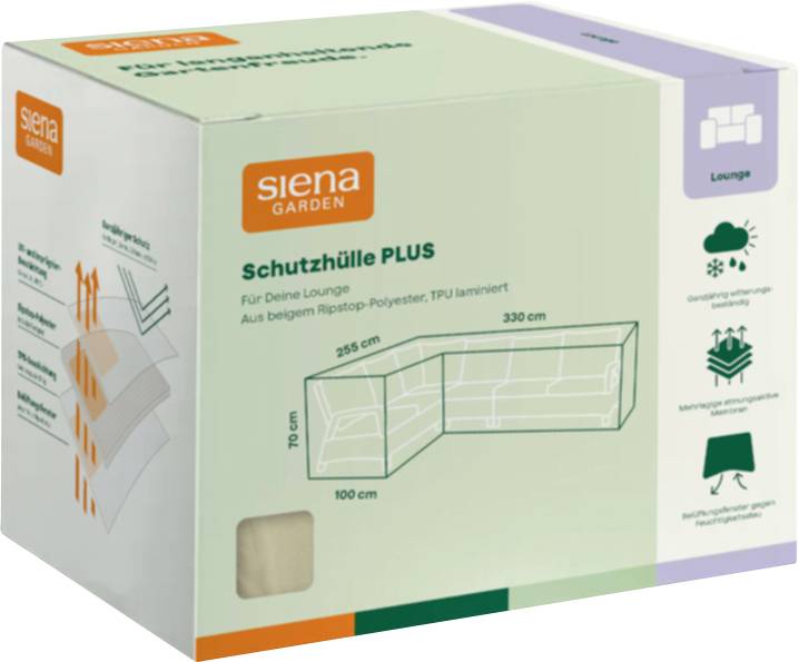 Karton der Siena Garden 'Schutzhülle PLUS' Loungeabdeckung, zeigt Produktverpackung mit einem Diagramm der L-förmigen Abdeckung und Abmessungen: 330 cm, 215 cm, 100 cm, 70 cm.