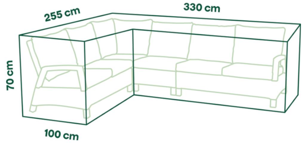 Ecksofa-Diagramm mit Abmessungen: 330 cm lang, 255 cm breit, 70 cm hoch und 100 cm tief.