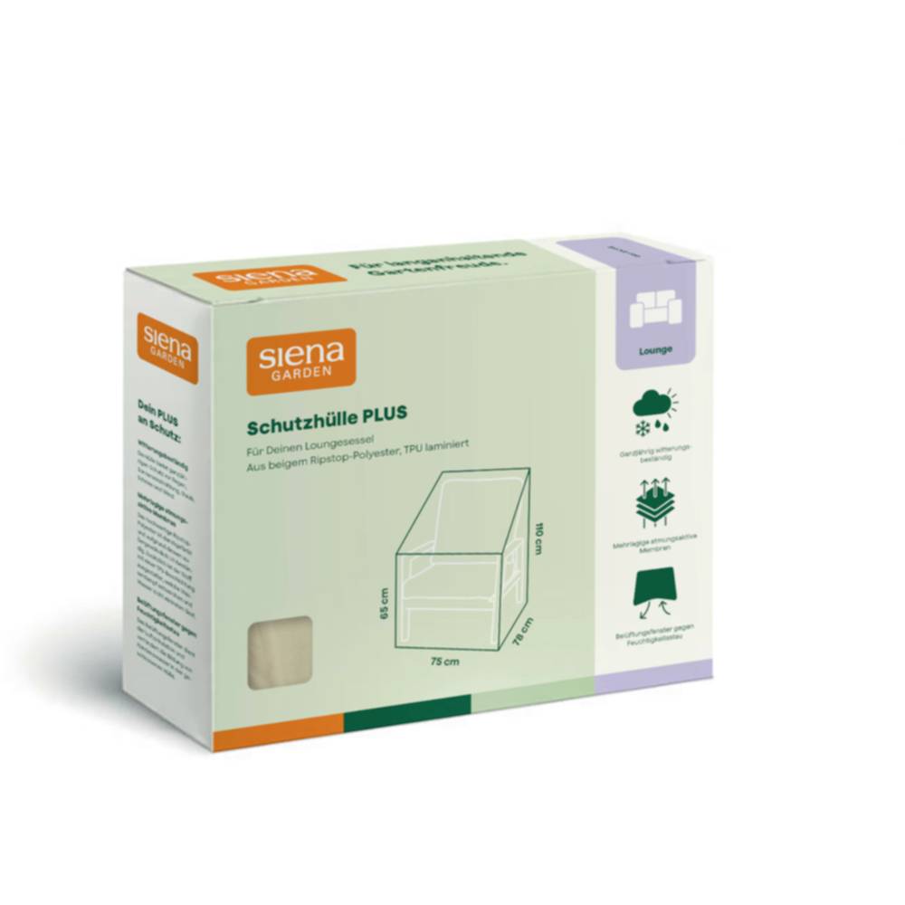 Karton der Siena Garden 'Schutzhülle PLUS' Schutzhülle für Loungembel mit Produktdiagramm und Pflegekennzeichen auf der Verpackung.