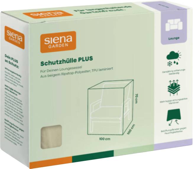 Verpackungskarton für 'siena GARDEN Schutzhülle PLUS' Liegestuhlabdeckung, zeigt eine 100 x 100 x 70 cm Abdeckung und Wettersch utzsymbole.