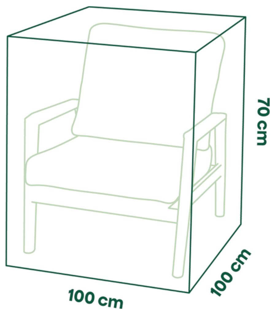 Linienzeichnung eines Sessels in einem Kasten mit Produktabmessungen: 100 cm breit, 100 cm tief und 70 cm hoch.