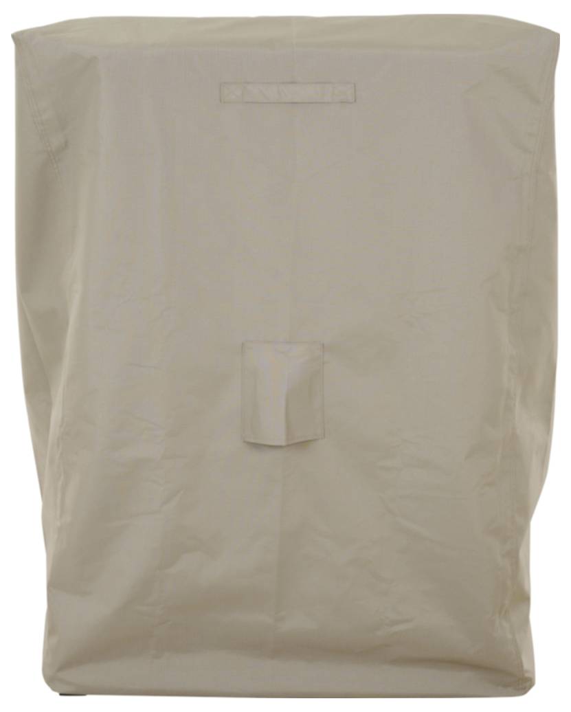 Beige rechteckiger gepolsterter Versandumschlag mit einer kleinen Klapptasche, Vorderansicht auf weißem Hintergrund.