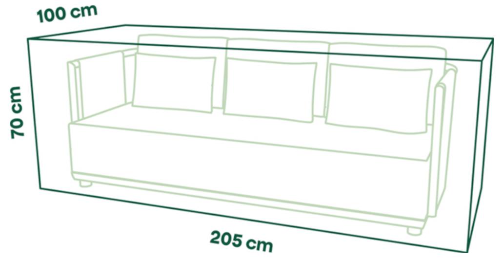 Diagramm eines Sofas in einer Begrenzungsbox von 205 cm x 100 cm x 70 cm, das seine Gesamtabmessungen als Größenreferenz zeigt.