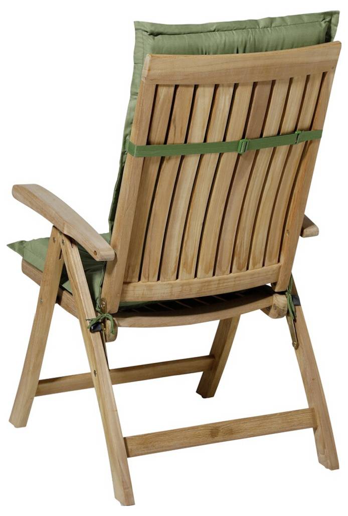 Holzklappliege mit grünem Sitzkissen und Rückenkissen, von hinten in einem Winkel dargestellt.