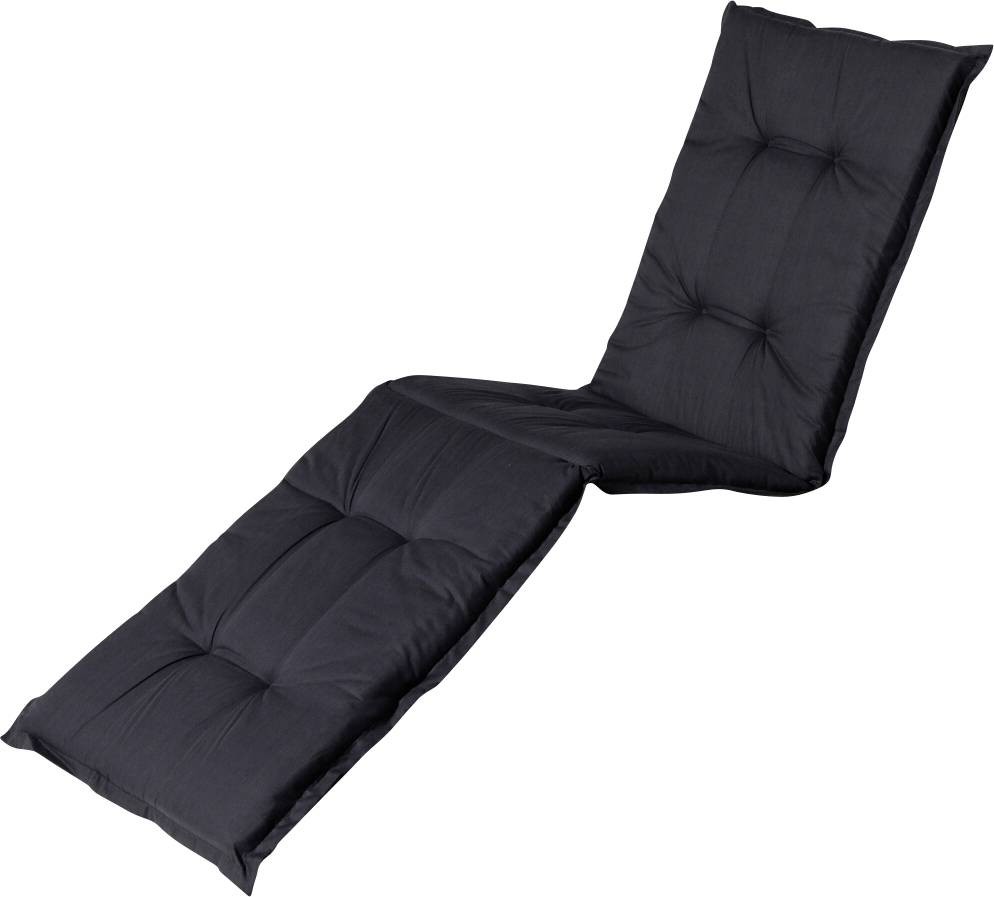 Schwarzer gepolsterter zusammenklappbarer Chaiselongue-Stuhl auf weißem Hintergrund.