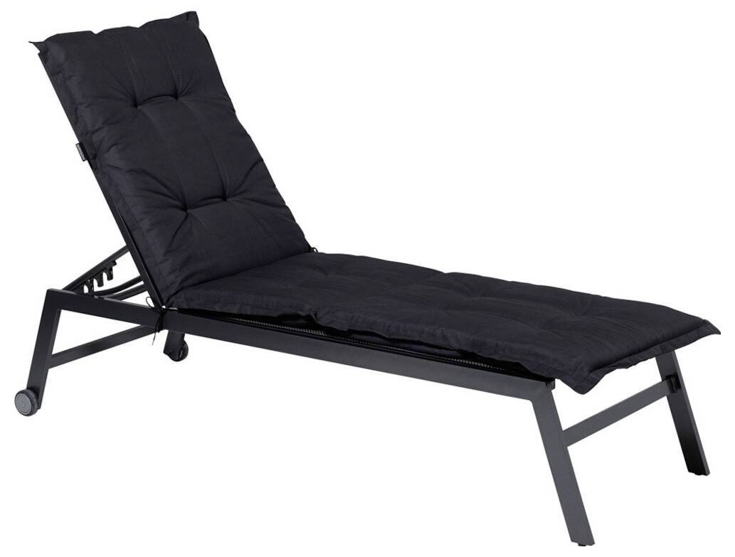 Schwarzer gepolsterter verstellbarer Relaxliegen-Loungesessel mit fahrbarem Metallgestell, Seitenansicht auf weißem Hintergrund.