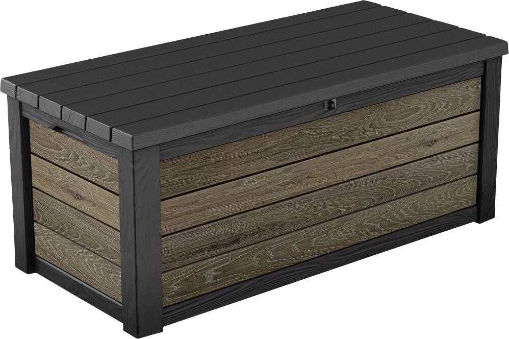 Gartenbank mit schwarzem Lamellendach und holzoptischen Seitenwänden, vorderer Verschluss, auf weißem Hintergrund dargestellt.