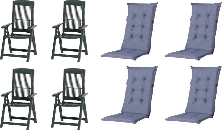 Vier schwarze Klappsäue und vier blaue gesteppte Sitzkissen auf weißem Hintergrund.