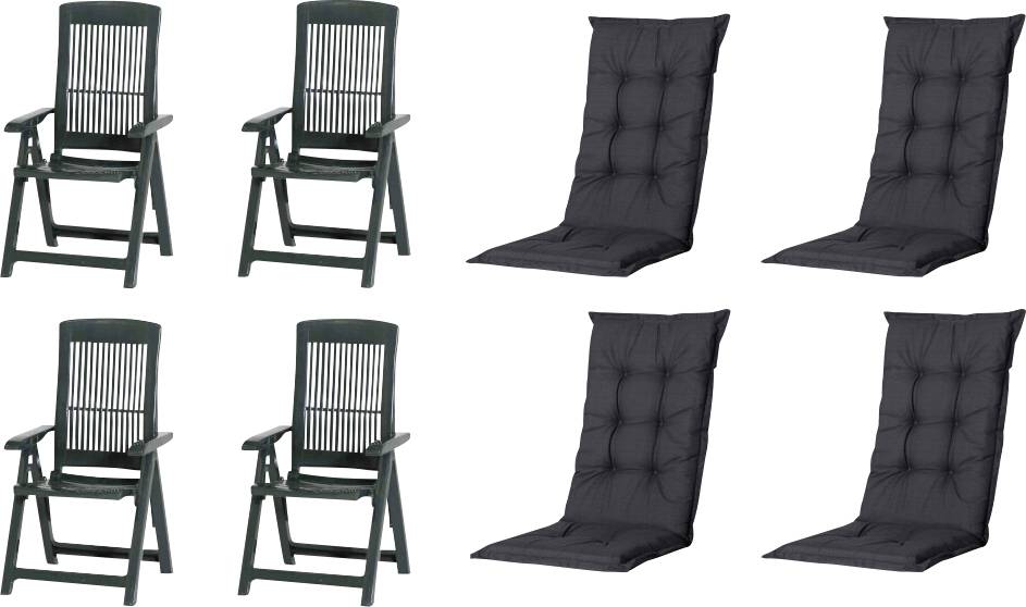 Produktbild zeigt vier dunkelgrüne Klappdeckstühle und vier schwarze gepolsterte Sitzkissen, die in einem Raster auf weißem Hintergrund angeordnet sind.