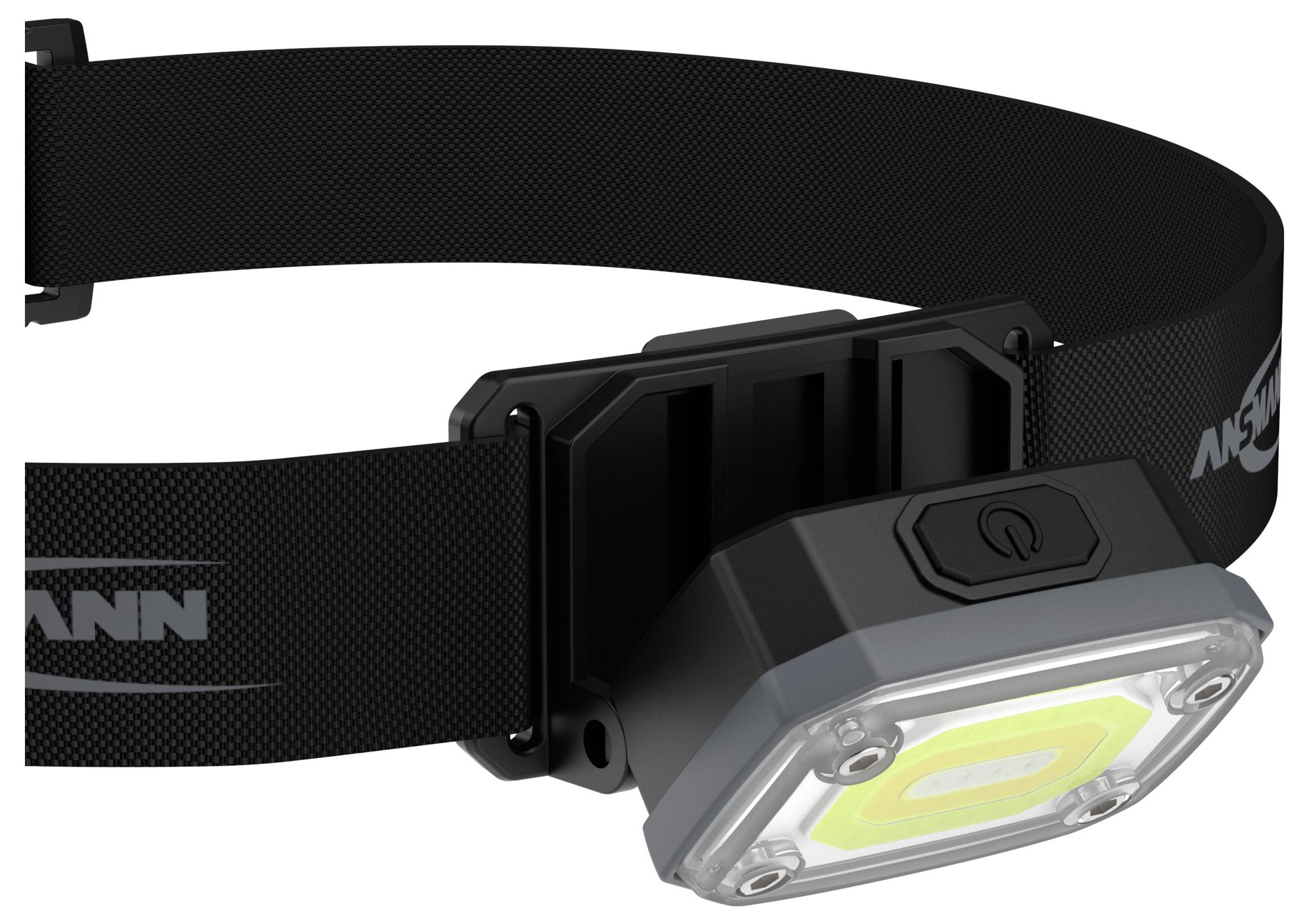 Schwarze verstellbare Stirnlampe mit elastischem Kopfband und rechteckigem LED-Licht, abgebildet auf weißem Hintergrund.