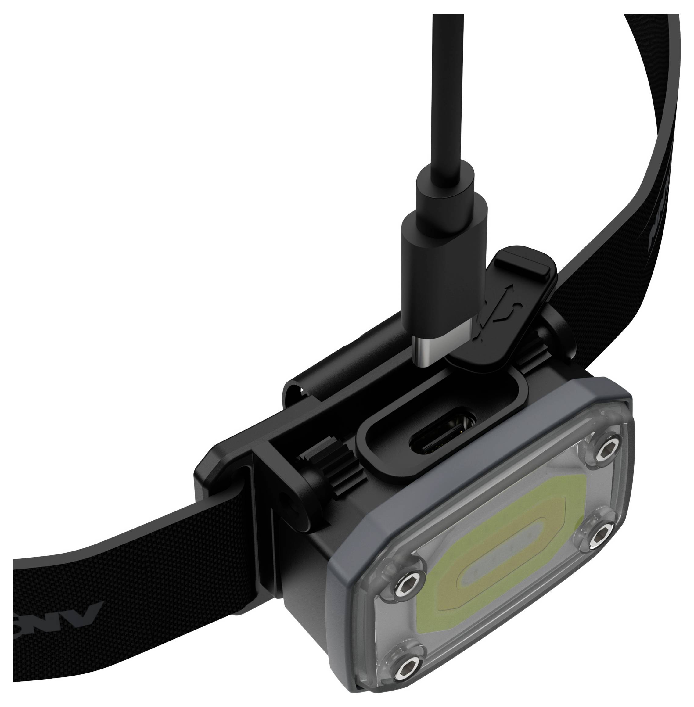 Schwarze Stirnlampe auf einem Riemen montiert, mit einem Ladekabel oben angebracht und einer klaren Frontlinse.