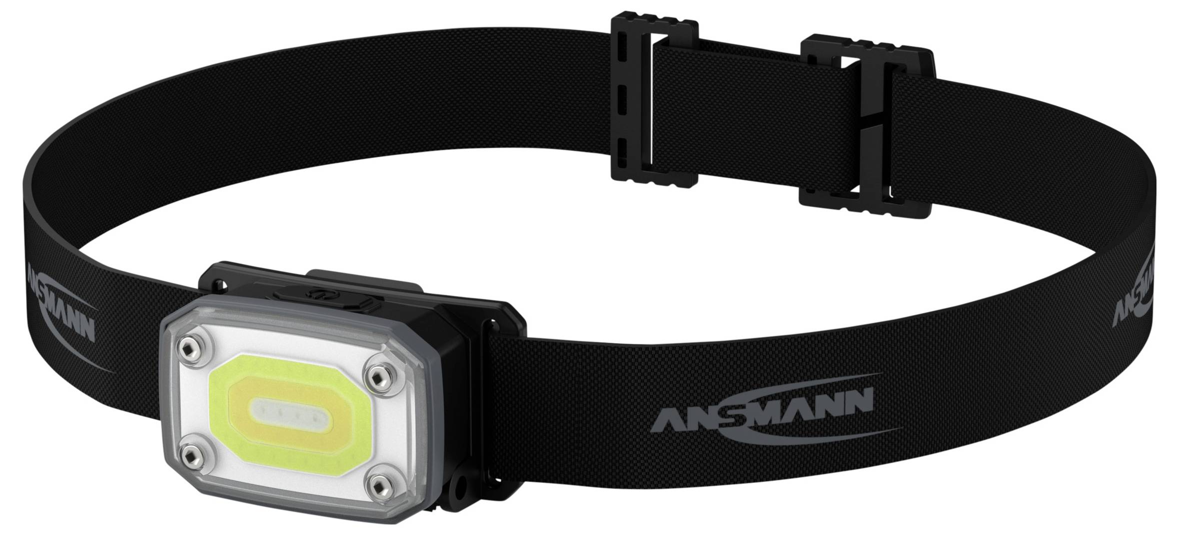 Schwarze ANSMANN-Stirnlampe mit verstellbarem Kopfband und frontalem LED-Licht auf weißem Hintergrund.