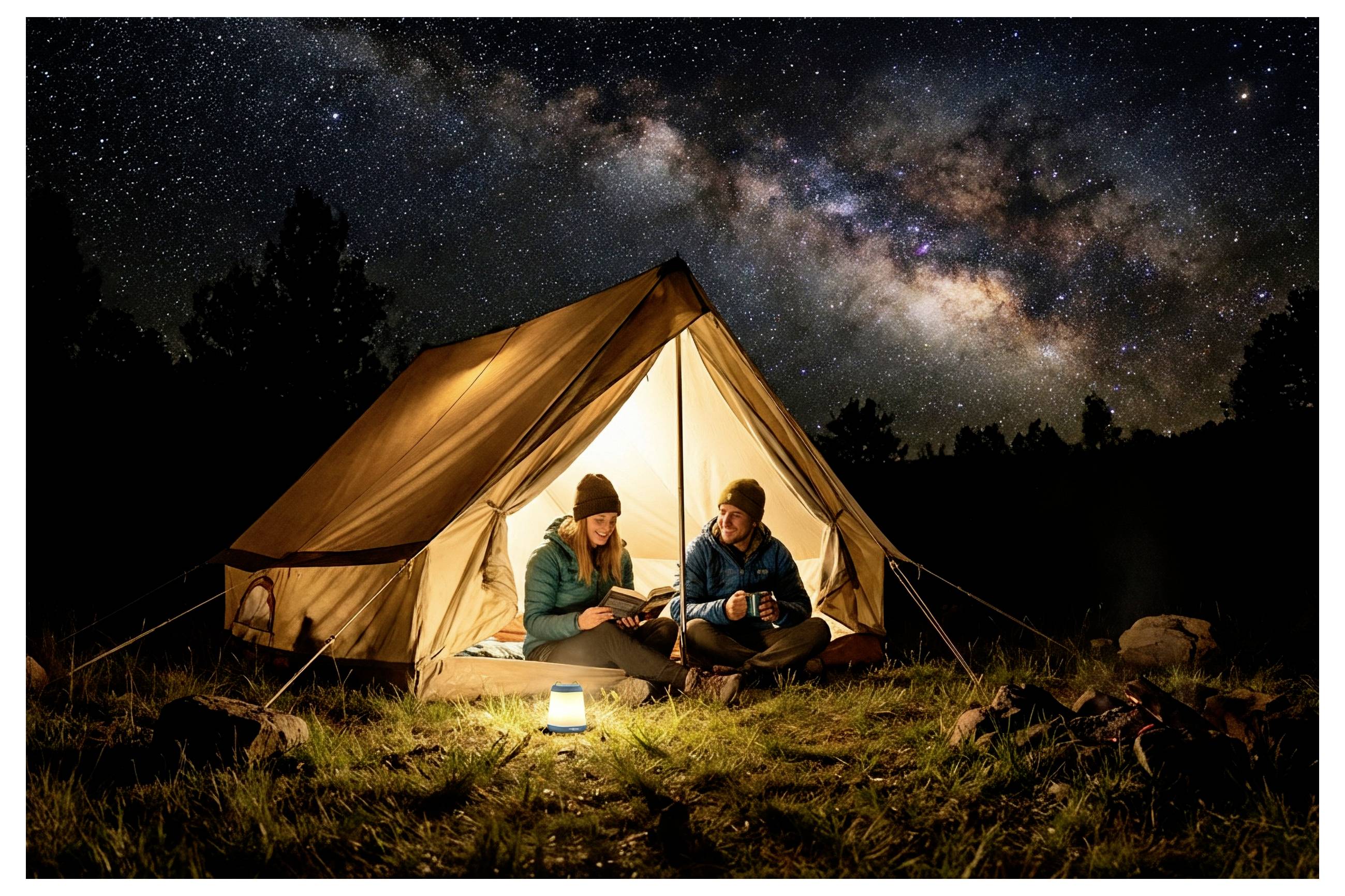 Zwei Camper sitzen nachts in einem beleuchteten Zelt und unterhalten sich neben einer Laterne unter einem sternenbedeckten Milchstraßenhimmel.