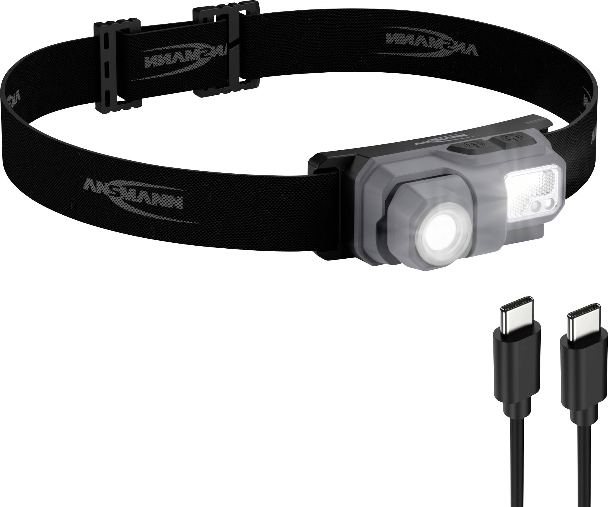 Schwarze verstellbare Stirnlampe mit Doppelleuchten und einem USB-Ladekabel daneben abgebildet.