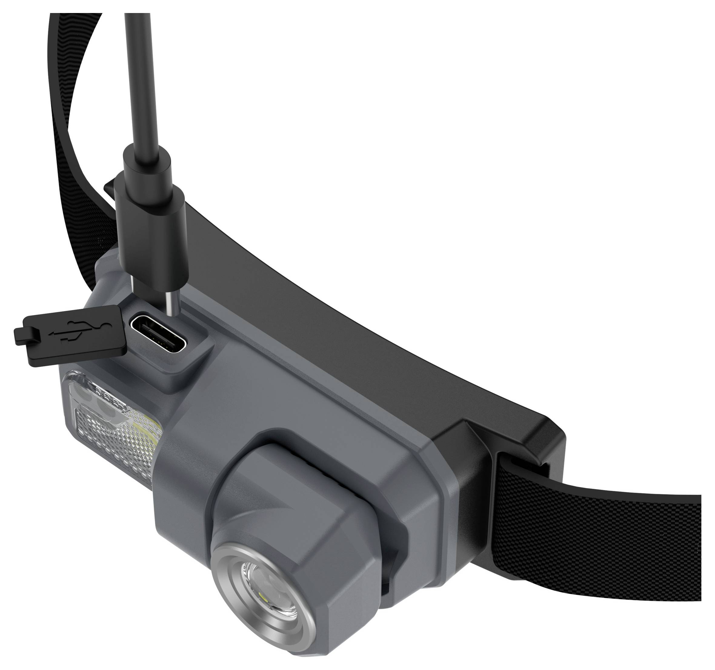 Graue Stirnlampe mit verstellbarem Kopfband, zeigt USB-C-Ladeanschluss und seitliche USB-Abdeckung neben der vorderen Lichtlinse.