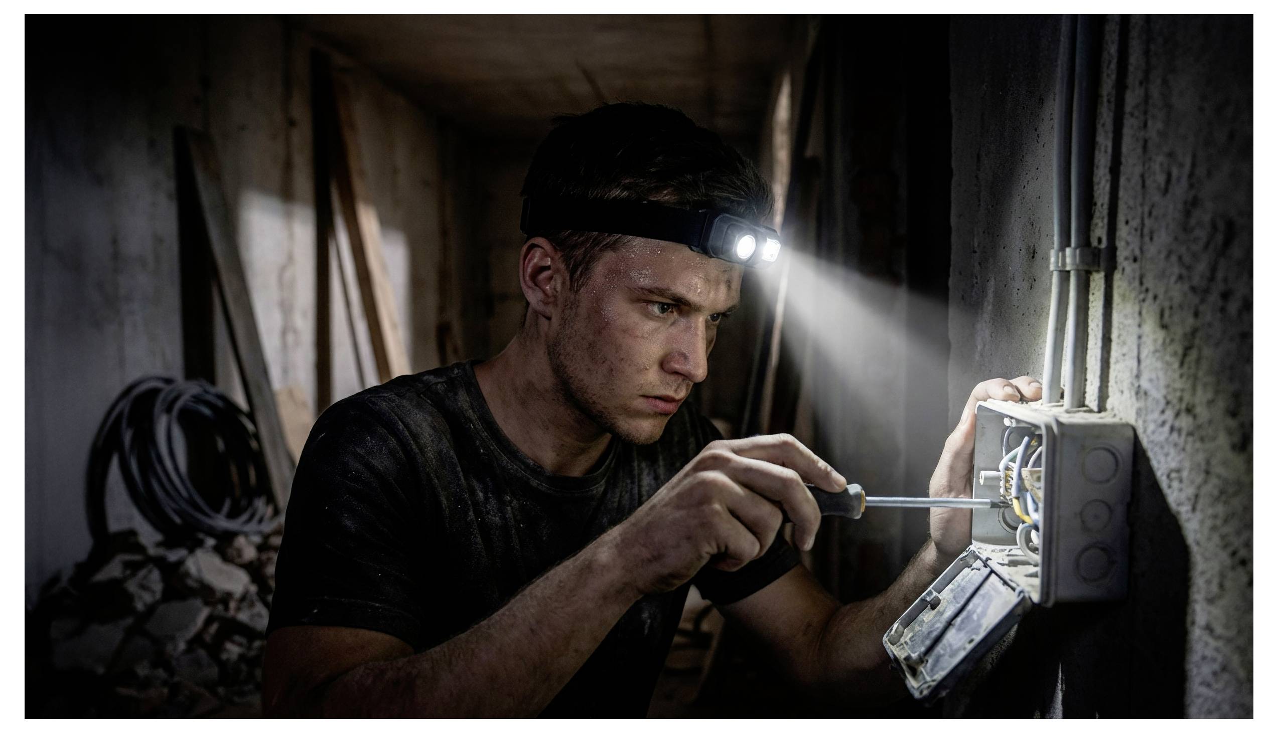 Ein Mann mit einer Stirnlampe repariert freiliegende elektrische Leitungen in einer Wandsteckdosendose in einem dunklen, unfertigen Raum.