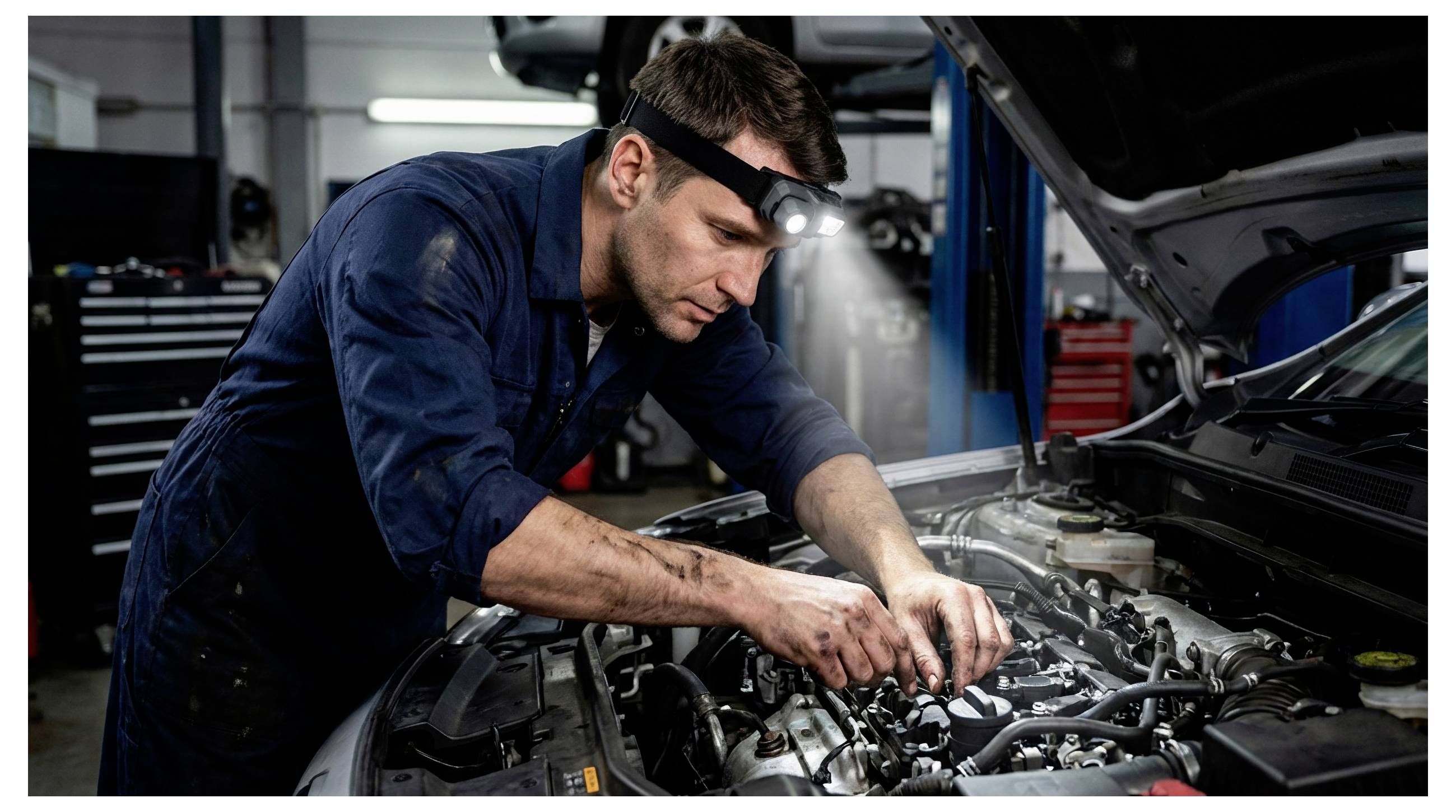 Mechaniker mit Stirnlampe arbeitet unter einer offenen Motorhaube in einer Werkstatt und stellt Motorkomponenten mit beiden Händen ein.