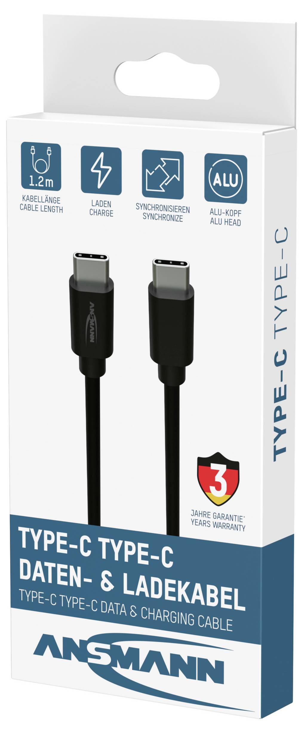 Verpackung für ANSMANN Typ-C zu Typ-C Daten- und Ladekabel, zeigt zwei USB-C-Stecker, 1,2 m Länge, 60W Ladeleistung, Sync-Unterstützung und 3 Jahre Garantie.