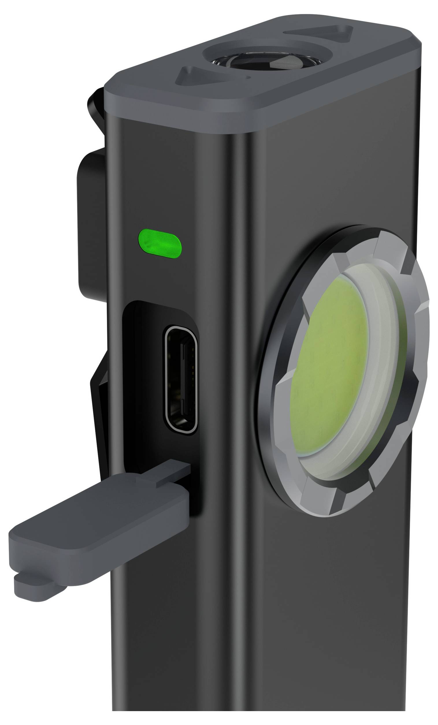 Nahaufnahme eines schwarzen elektronischen Geräts mit einer kreisförmigen Frontlinse, grüner Statusleuchte und USB-C-Anschluss an der Seite.