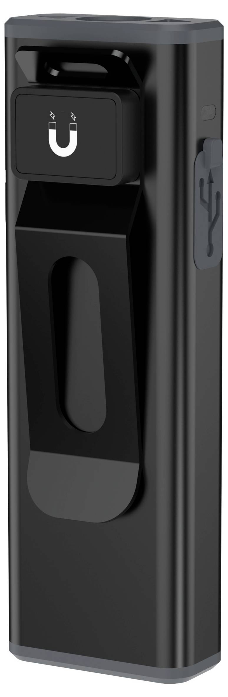 Schwarzes USB-Ladedock oder Adapter mit frontalem Magnetstecker und seitlichem USB-Anschluss, dargestellt als eigenständiges Produkt auf weißem Hintergrund.
