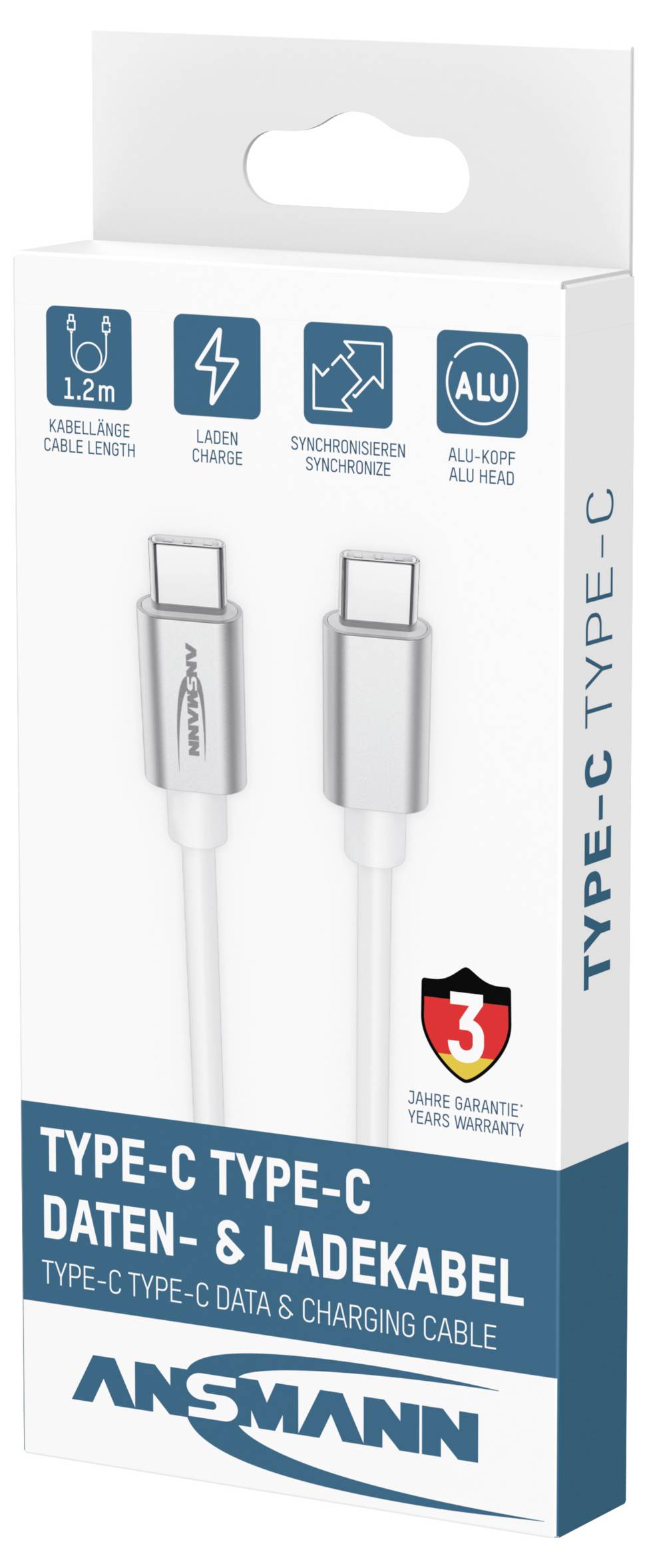 ANSMANN Typ-C auf Typ-C Daten- und Ladekabel mit zwei weißen USB-C-Anschlüssen und Symbolen für 1,2 m Länge, Laden, Synchronisieren und 3-Jahres-Garantie.