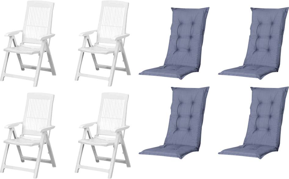 Vier weiße Klappstühle, gezeigt mit vier blauen gesteppten Stuhlkissen/Polstern, präsentiert als Produktoptionen auf weißem Hintergrund.