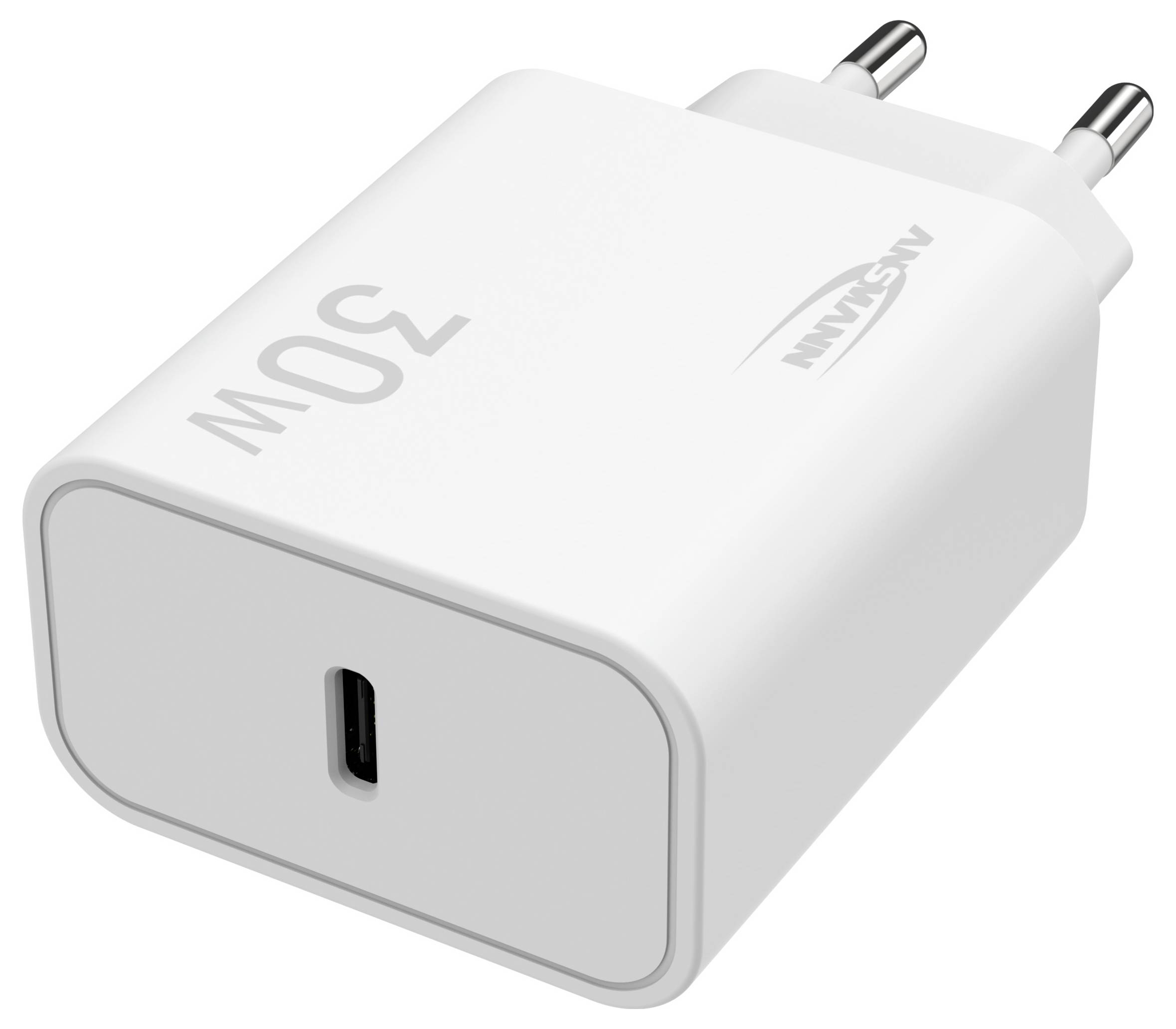 Weißes 30W USB-C Wandladegerät mit zwei runden europäischen Steckstiften und USB-C-Anschluss auf der Vorderseite