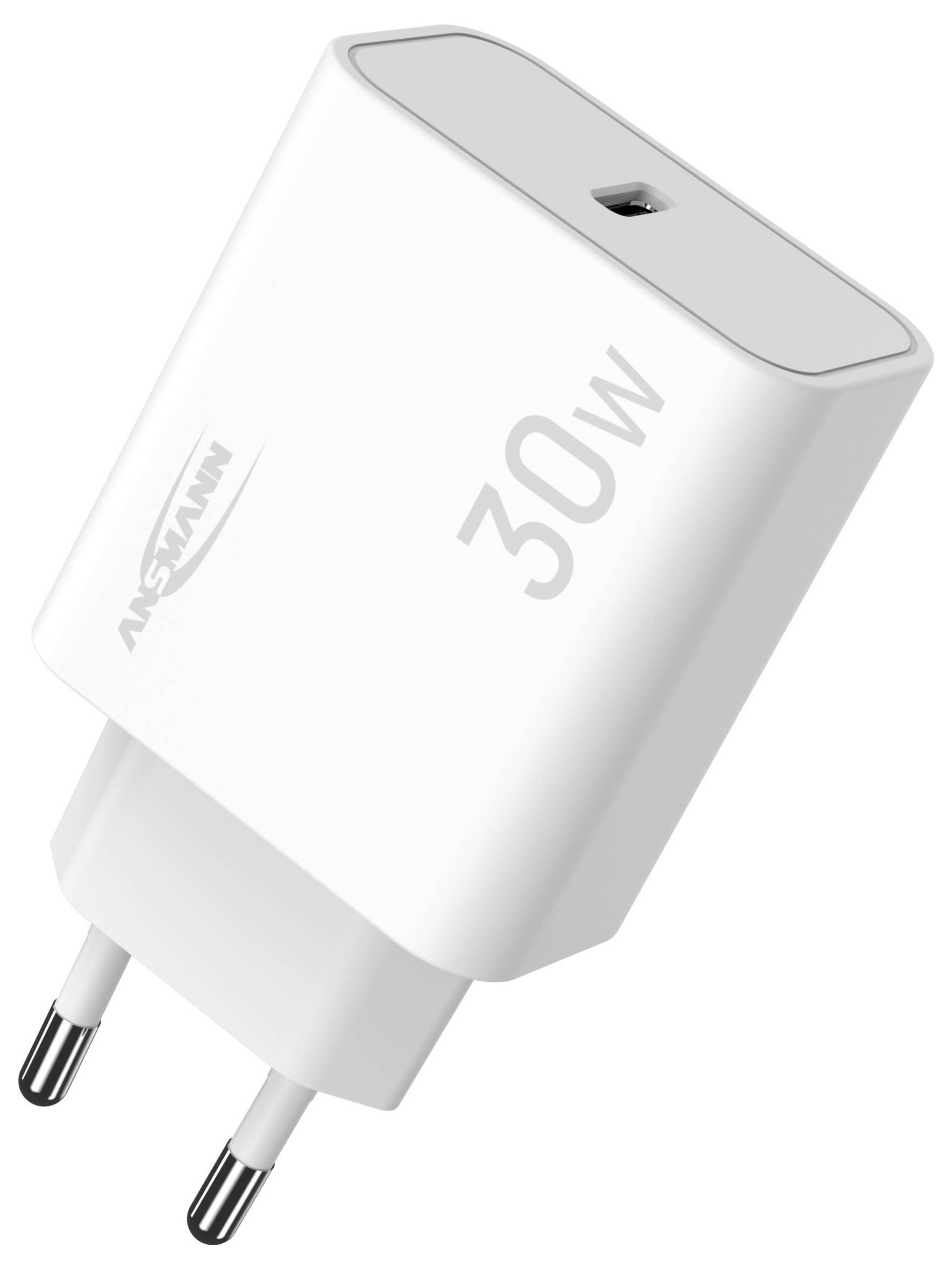 Weiß 30W USB-Wandladegerät mit zwei europäischen Steckern und einem USB-Anschluss oben.
