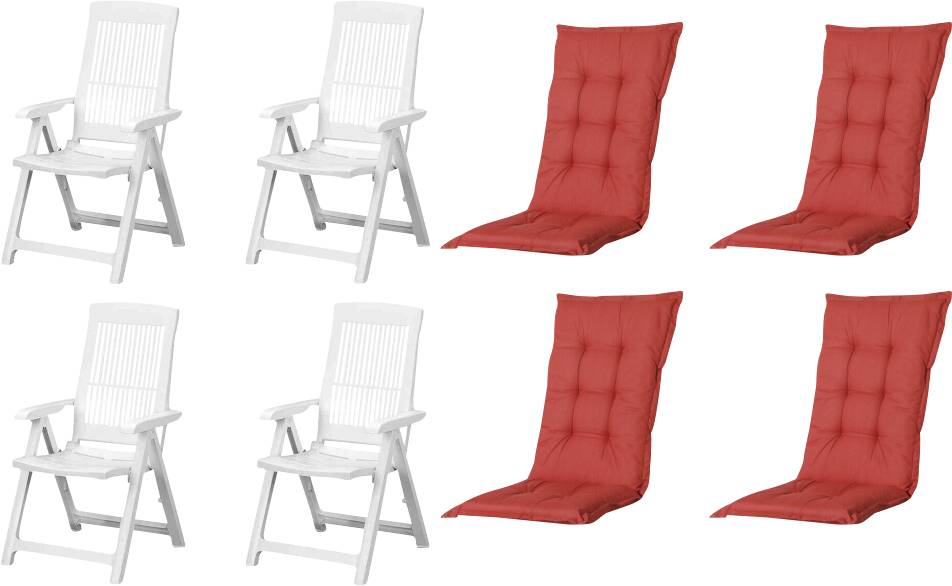 Zwei weiße Klappstühle und vier rote gepolsterte Sitzkissen in einfacher Produktanordnung auf weißem Hintergrund.