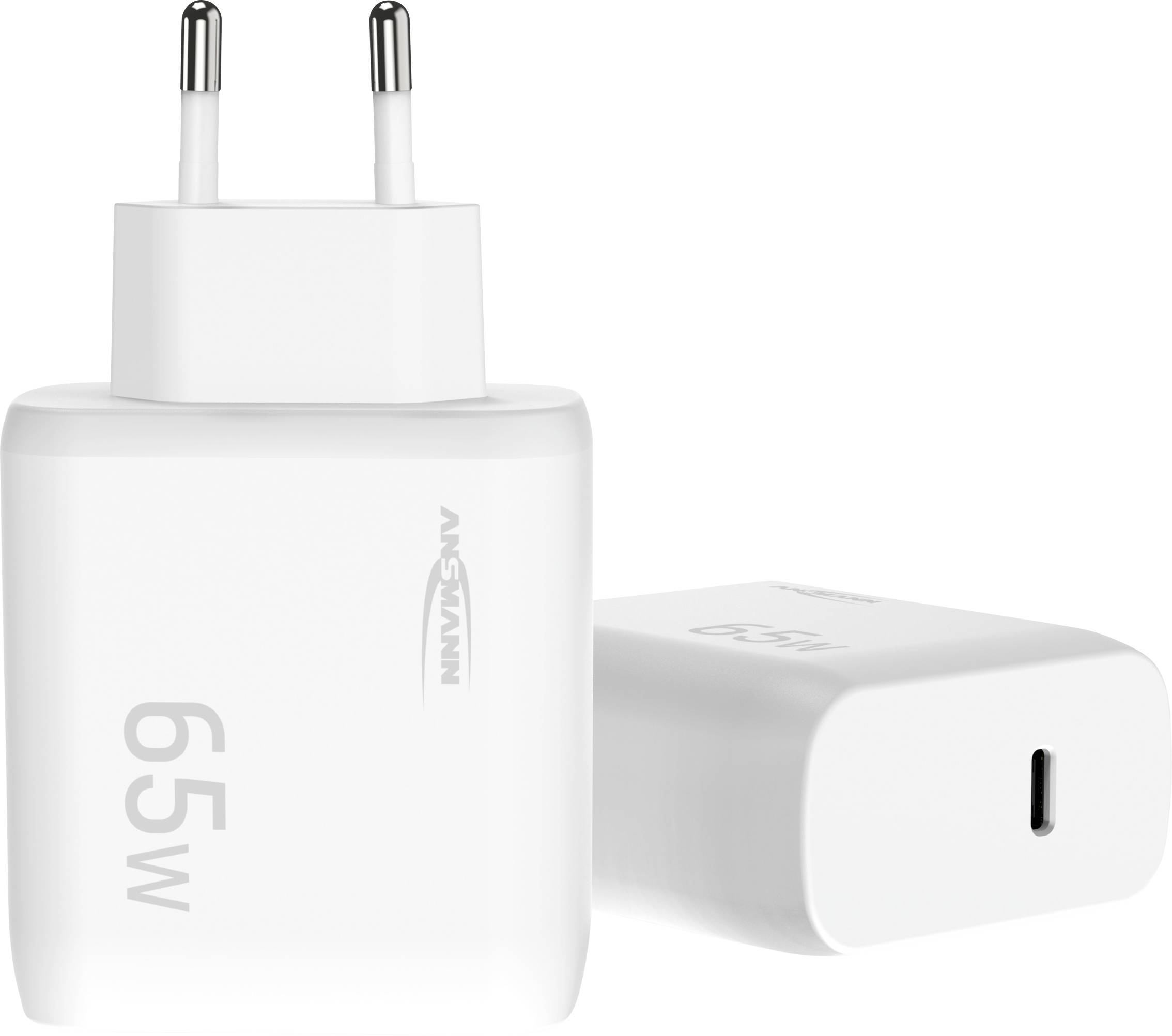 Weißes 65W Ansmann USB-C-Wandladegerät mit zweipoliger Steckdose, abgebildet mit einem passenden Ladegerät daneben.