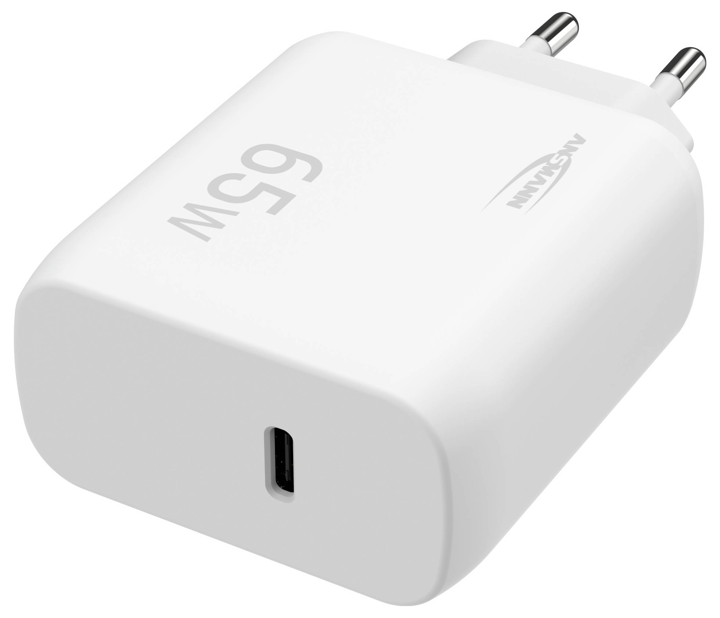 Weißes 65W USB-C Wandladegerät mit zweipoliger Steckdose und einfachem USB-C-Anschluss