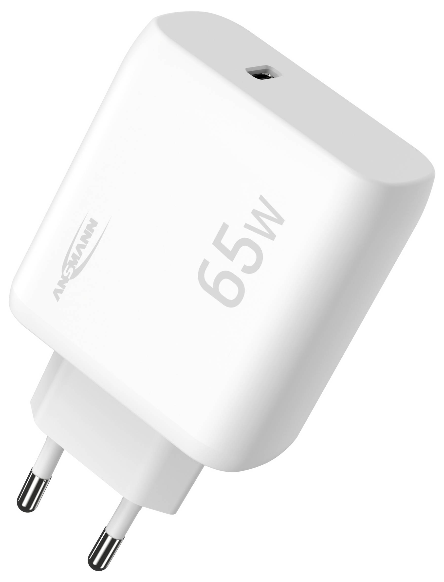 Weißes 65-W-USB-Wandladegerät mit zwei runden europäischen Steckerstiften