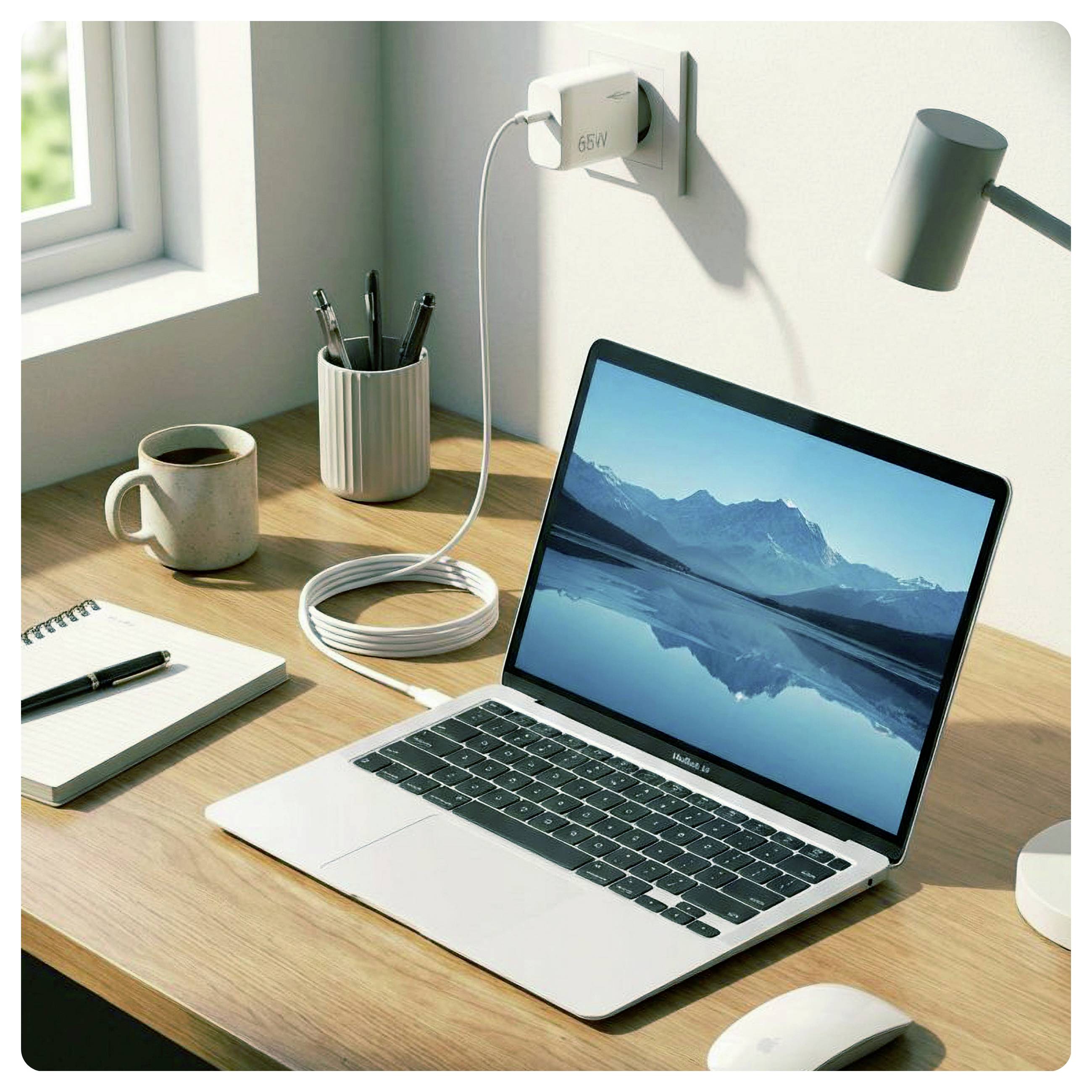 Laptop auf einem Holzschreibtisch, das von einer Wandsteckdose aufgeladen wird, mit einer Tasse, einem Notizbuch, einem Stifthalter, einer Lampe und einer Maus in einem hellen Arbeitsbereich.