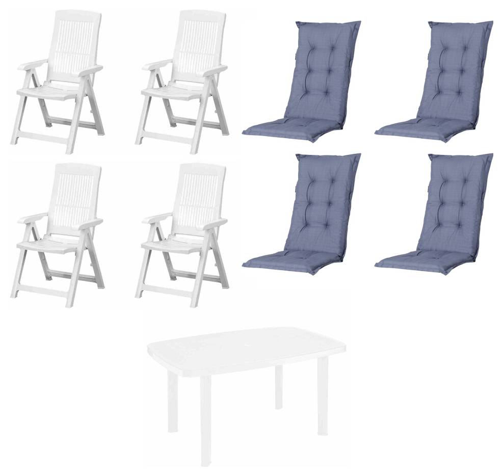 Weiße Klappstühle, blaue Sitzkissen und ein weißer Tisch, die als Möbelset auf einem einfachen Hintergrund angeordnet sind.