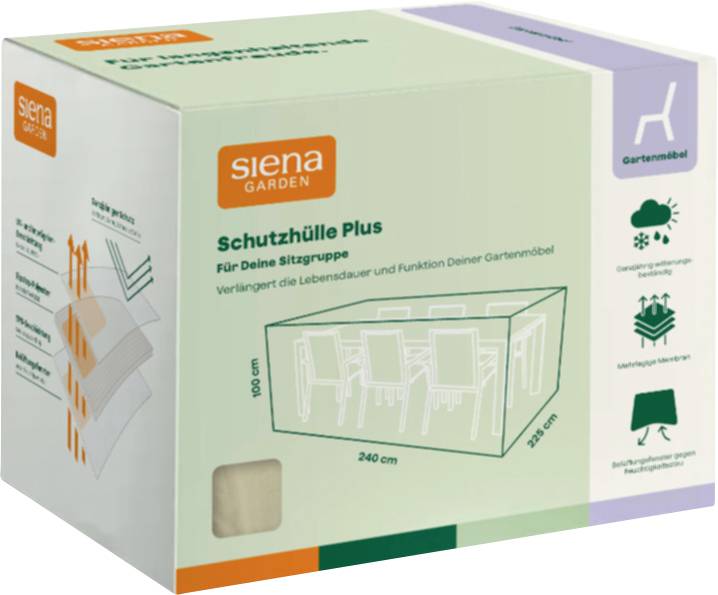 Siena Garden 'Schutzhülle Plus' Verpackung für eine Gartenmöbelabdeckung, die zeigt, dass eine Abdeckung für ein 240 x 180 x 100 cm Tisch-und-Stühle-Set passt.