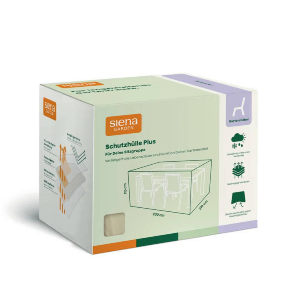 Produktverpackung für 'siena GARDEN Schutzhülle Plus' Möbelschutzhaube, die eine Abdeckung für Terrassentische und Stühle mit Größendiagramm und Wetterschutz-Symbolen zeigt.