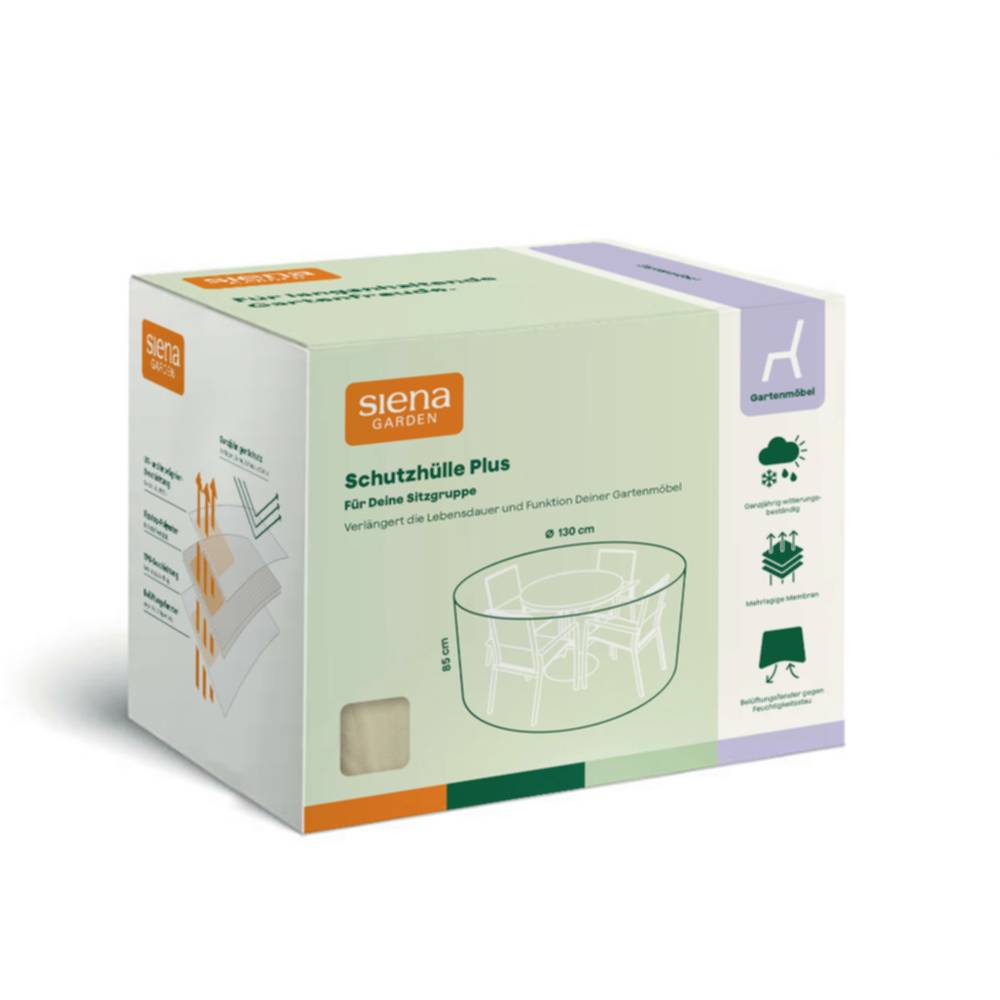 Paketbox für Siena Garden 'Schutzhülle Plus' Terrassenmöbelabdeckung, zeigt eine runde Abdeckung für Gartenmöbel mit Produktmerkmalen auf der Vorderseite.