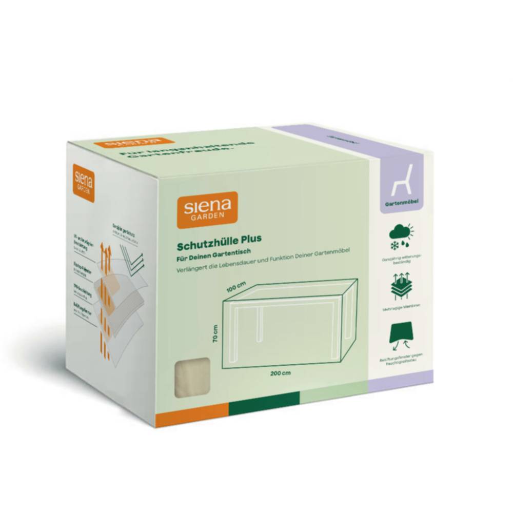 Produktkarton für Siena Garden 'Schutzhülle Plus' Schutzhülle für Gartenmöbel, zeigt eine Abdeckungsabbildung und Abmessungen 200 cm x 70 cm x 90 cm.