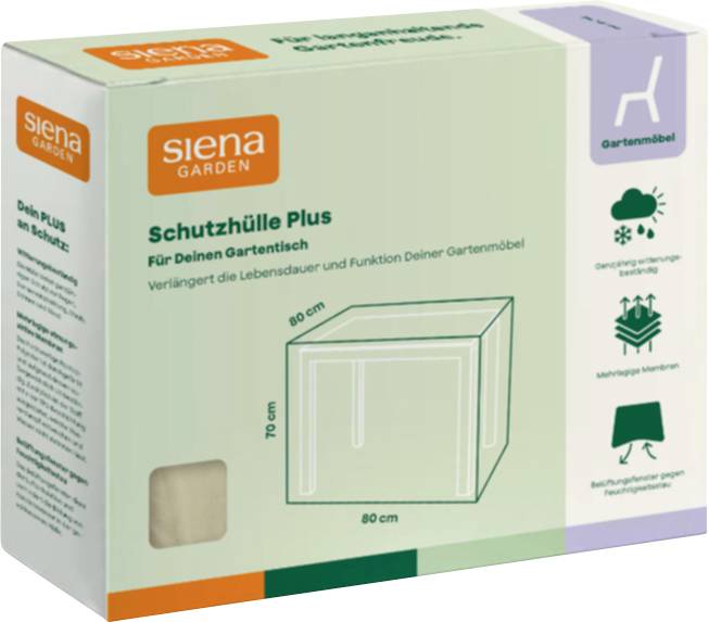 Karton für Siena Garden 'Schutzhülle Plus' Schutzhaube für Gartentische, zeigt eine 80 cm x 80 cm x 70 cm Abdeckung für Gartenmöbel.