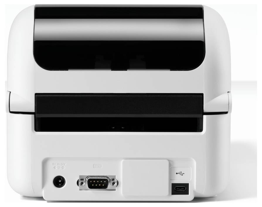 Rückansicht eines weißen Thermodrucker-Etikettiers mit Papierausgabefach, Stromanschluss, USB-B-Port und USB-C-Port.